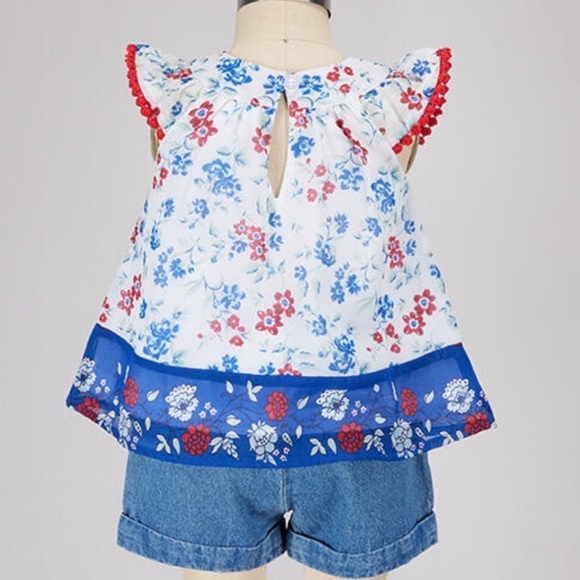 Red White & Blue Floral Chiffon Top & Denim Short Set NWT - Picture 2 of 2